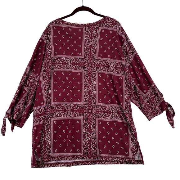 Weekend Suzanne Betro Blouse 1X Red Paisley Bandana Print Tie Sleeve Stretch - Picture 7 of 13